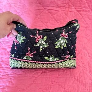 Vera Bradley Black Quilted Mini Bag with Pink Bows and Green Leaf Print